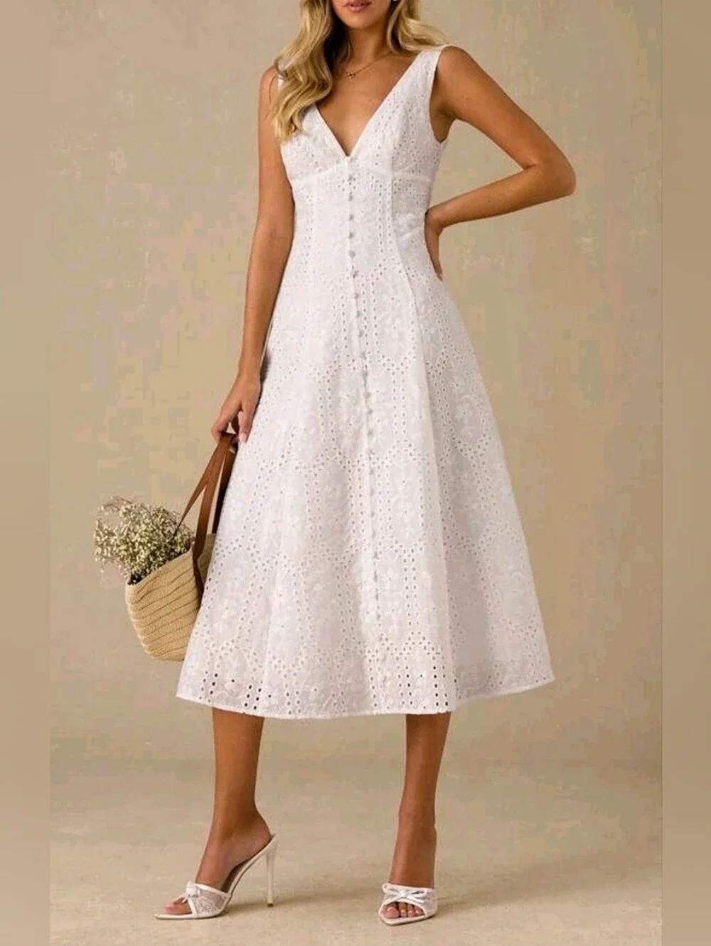 New Embroidered Eyelet Lace Midi Dress Button Detail White